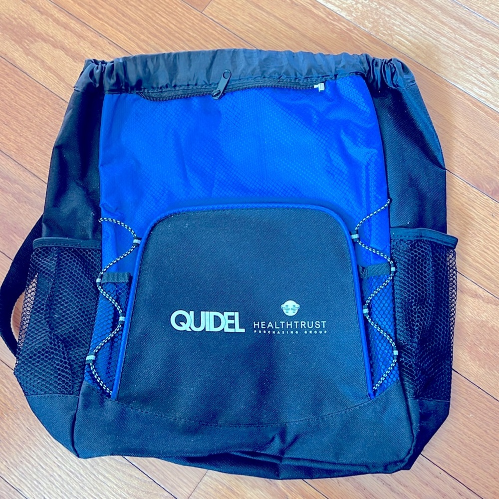 Black & blue Leeds Backpack with drawstring top closure, 2 side mesh pockets